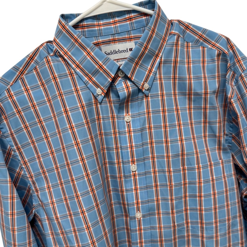 Saddlebred‎ Mens Blue Orange Plaid Easy Care Poplin Button Down Shirt 16.5 32/33